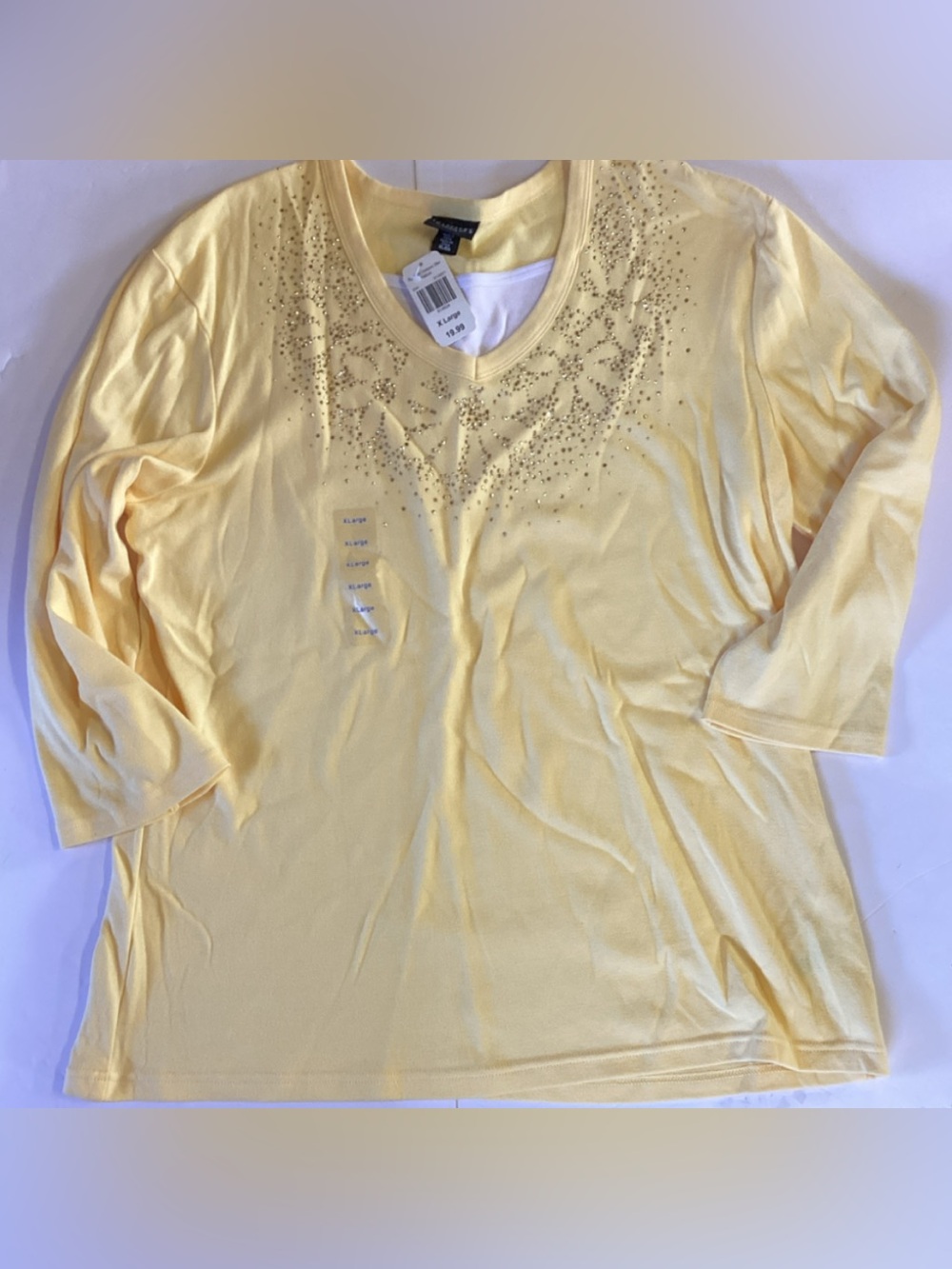 Trilogy by morning sun Yellow 3/4 Sleeve Top With Flower Rhinestone Details